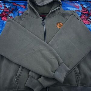 Lena Olive Green Zip-Up Hoodie with Orange Sun Patch